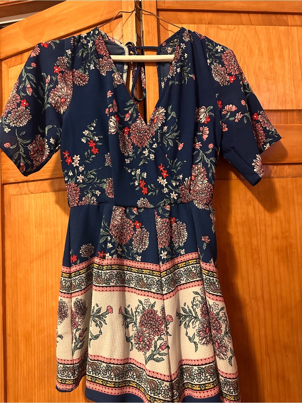 Trixxi Blue Floral Tie-Back Romper with Pink & Cream Bloom